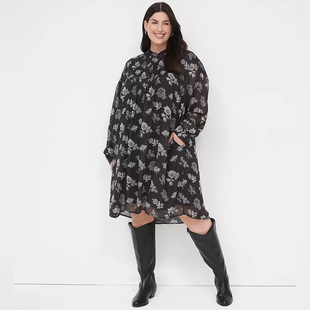 Lane Bryant Pintuck Chiffon Shirt Dress Black & White Floral Women's 18/20